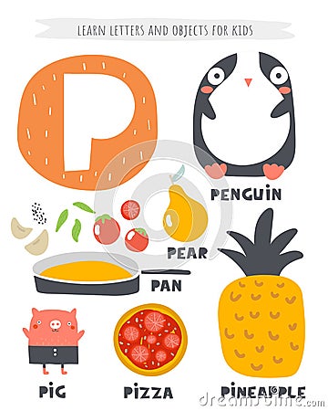 P letter objects and animals including penguin, pan, pear, pineapple, pizza Vector Illustration