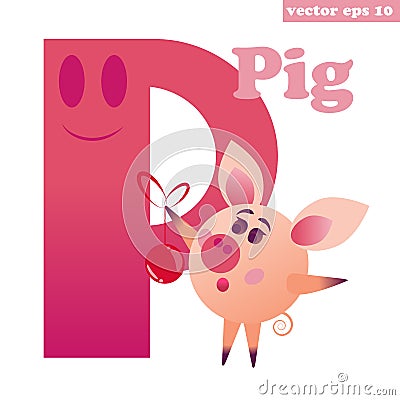 P letter with pig Vector Illustration