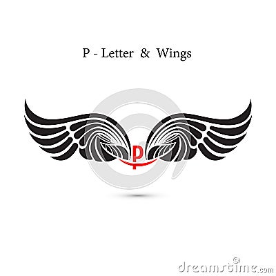 P-letter sign and angel wings.Monogram wing logo mockup.Classic Vector Illustration