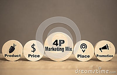 4P Marketing Mix icon on a round wooden plate placed on a table. Concepts about integrated marketing. Product, Price, Place and Stock Photo