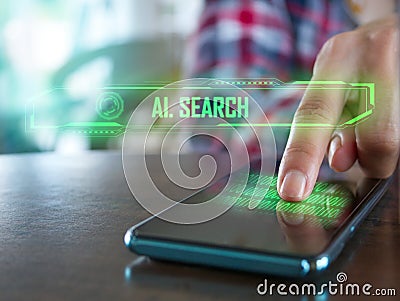 People touch the screen of mobile phones with their fingers and use intelligent search systems Stock Photo