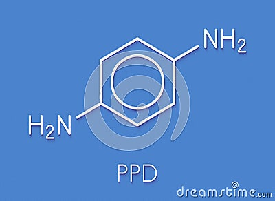 p-Phenylenediamine PPD hair dye molecule. Also precursor in polymer synthesis. Known contact allergen, possibly carcinogenic.. Stock Photo