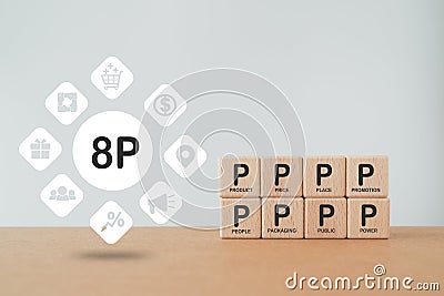 8Ps, Product, Price, Place, Promotion, Positioning, Process, Performance and People text on wooden cube blocks with icons on Stock Photo