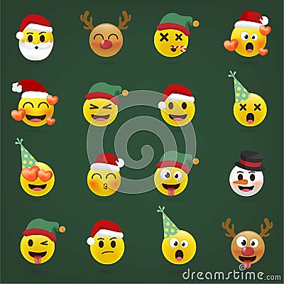 Christmas emoji set. Holiday set of christmas face icons with different emotions. Vector Illustration