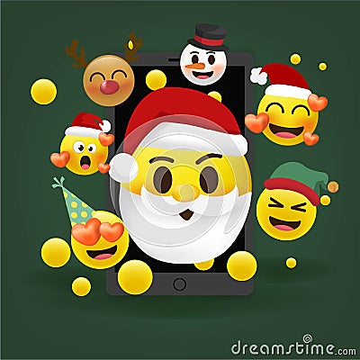 Christmas emoticons in front of a gree background. Holiday set of Christmas emojis. Vector Illustration