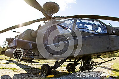 Pabrade/Lithaunia May 14, 2015 M261 rocket launcher for Hydra 70 unguided rockets, mounted on an AH-64 Apache helicopter Editorial Stock Photo