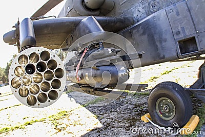 Pabrade/Lithaunia May 14, 2015 M261 rocket launcher for Hydra 70 unguided rockets, mounted on an AH-64 Apache helicopter Editorial Stock Photo