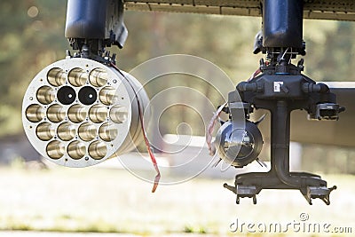 Pabrade/Lithaunia May 14, 2015 M261 rocket launcher for Hydra 70 unguided rockets, mounted on an AH-64 Apache helicopter Editorial Stock Photo