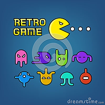 Pac man and ghosts for arcade computer game vector set Vector Illustration