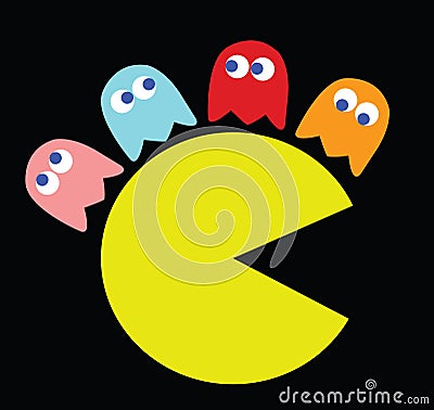 Pac-Man with his enemies sitting on his head Vector Illustration