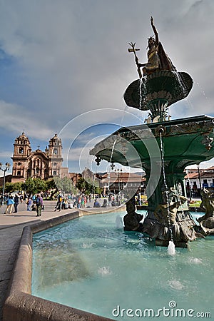 Pachacuti statue fountain. Plaza de Armas. Cusco. Peru Editorial Stock Photo