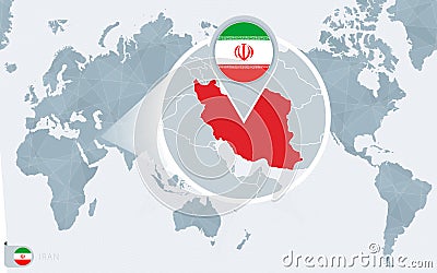 Pacific Centered World map with magnified Iran. Flag and map of Iran Vector Illustration