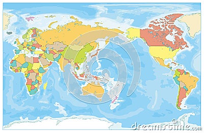 Pacific Centred World Colored Map and Bathymetry. No text Vector Illustration