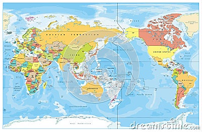 Pacific Centred World Colored Map Vector Illustration