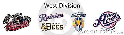 Pacific Coast League. Minor League Baseball MiLB season 2023. Triple-A. West Division. Las Vegas Aviators, Reno Aces, Sacramento Vector Illustration