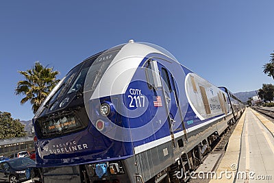The pacific surfliner train enters the station at Santa Barbara. The surfliner serves the Route San Diego to San Luis Obispo Editorial Stock Photo