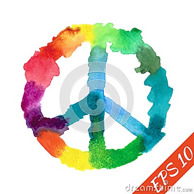 Pacific a symbol of the hippie. The sign is painted with watercolors of all colors of the rainbow. Vector Illustration