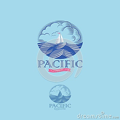 Pacific yacht club logo. Pacific yacht club logo. Sea waves and sailing engraving emblem. Vector Illustration