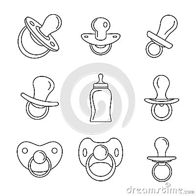 Pacifier baby care child icons set, outline style Vector Illustration