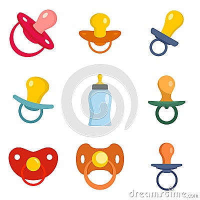 Pacifier baby care newborn icons set, flat style Vector Illustration