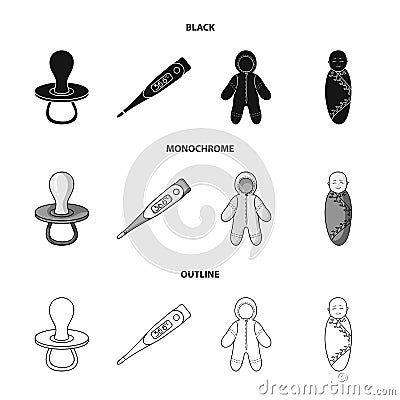 Pacifier, electronic thermometer, children overalls, diaper.Baby born set collection icons in black,monochrome,outline Vector Illustration
