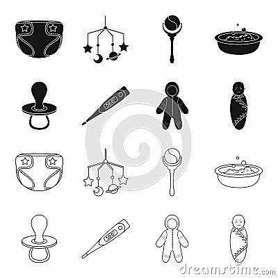 Pacifier, electronic thermometer, children overalls, diaper.Baby born set collection icons in black,outline style vector Vector Illustration