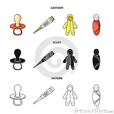 Pacifier, electronic thermometer, children overalls, diaper.Baby born set collection icons in cartoon,black,outline Vector Illustration
