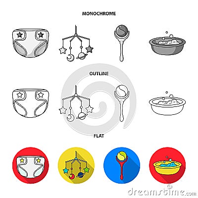 Pacifier, electronic thermometer, children overalls, diaper.Baby born set collection icons in flat,outline,monochrome Vector Illustration
