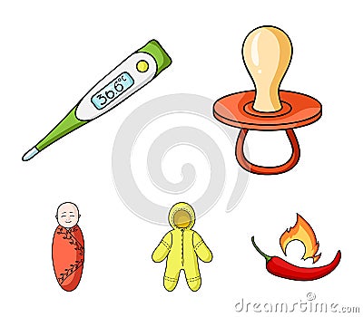 Pacifier, electronic thermometer, children`s overalls, diaper.Baby born set collection icons in cartoon style vector Vector Illustration