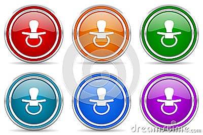 Pacifier, nipple silver metallic glossy icons, set of modern design buttons for web, internet and mobile applications in 6 colors Stock Photo