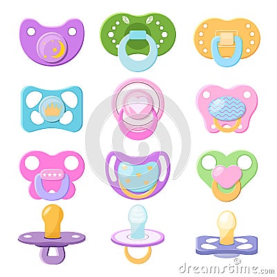 Pacifier vector baby soother child nipple and kids rubber nipple illustration set of comforter to pacify newborn Vector Illustration