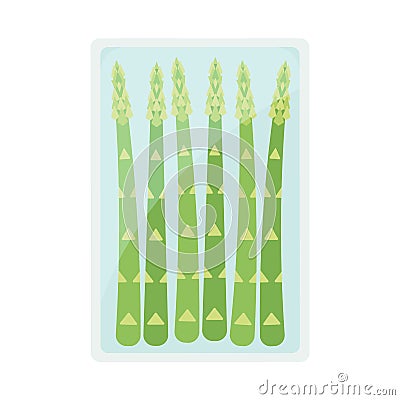 Pack of asparagus from supermarket. Concept of green eco life, vegan food, farm product, vegetable, diet nutrotion Vector Illustration