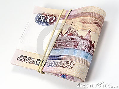 A pack of bills 500 rubles, tied with an elastic band. White background. Not isolated Stock Photo