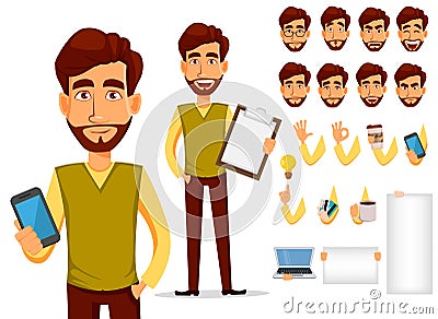 Pack of body parts and emotions. Vector character illustration in cartoon style. Business man with beard Vector Illustration