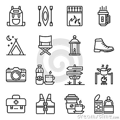 Pack of Camping Accessories Linear Icons Vector Illustration