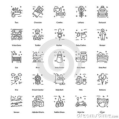 Pack Of Childhood Doodle Icons Vector Illustration