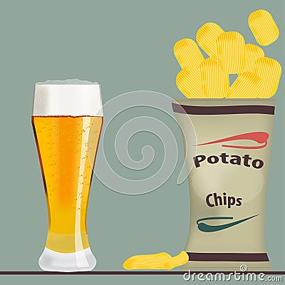 Pack of chips and glass of beer Vector Illustration