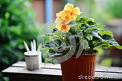 a pack of cigarettes next to a wilting flower in a pot Stock Photo