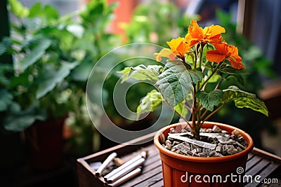 a pack of cigarettes next to a wilting flower in a pot Stock Photo