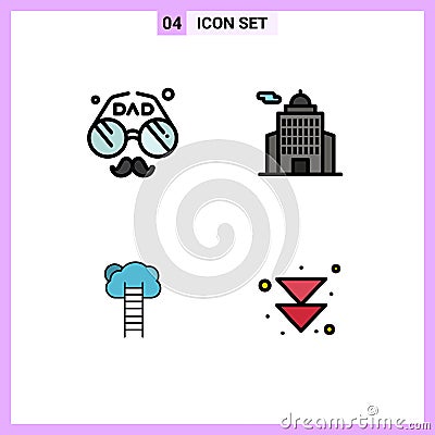 Pack of 4 creative Filledline Flat Colors of accessories, growth, father, building, career Vector Illustration