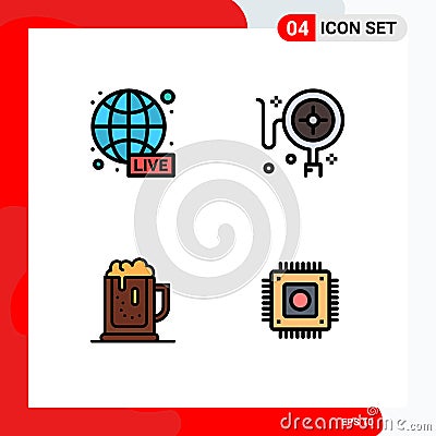 Pack of 4 creative Filledline Flat Colors of broadcasting, celebrate, world wide, online, jar Vector Illustration