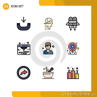 Pack of 9 creative Filledline Flat Colors of geo, sportsman\', jetpack, man, athlete Vector Illustration