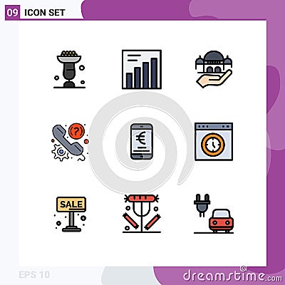 Pack of 9 creative Filledline Flat Colors of payment, support, hand, phone, faq Vector Illustration