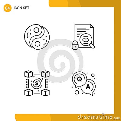 Pack of 4 creative Filledline Flat Colors of polarity, blockchain, yang, search, network Vector Illustration