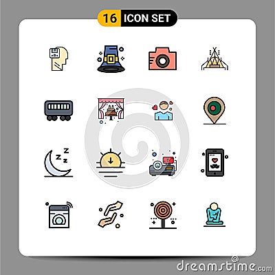 Pack of 16 creative Flat Color Filled Lines of passenger, tent, hat, camp, photo Vector Illustration