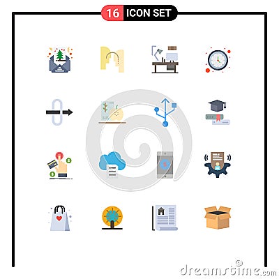 Pack of 16 creative Flat Colors of gateway, wall clock, table, timer, designer Vector Illustration