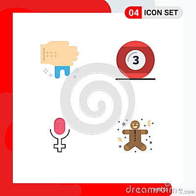 Pack of 4 creative Flat Icons of hand, record, cue ball, play, cookie Vector Illustration