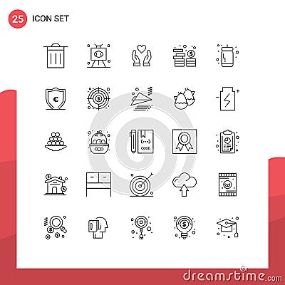 Pack of 25 creative Lines of sauce, ketchup, hand, coins, investment Vector Illustration