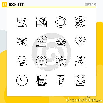 Pack of 16 creative Outlines of education, tube, valentine, study, chemistry Vector Illustration