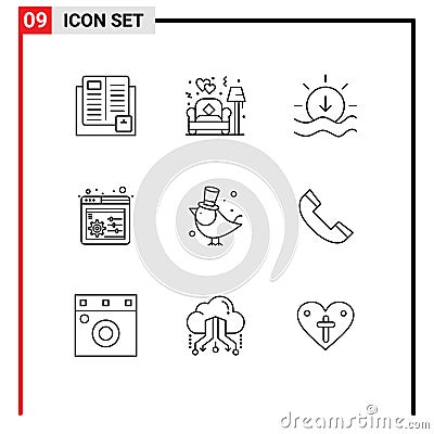 Pack of 9 creative Outlines of pet, bird, love, settings, web control Vector Illustration